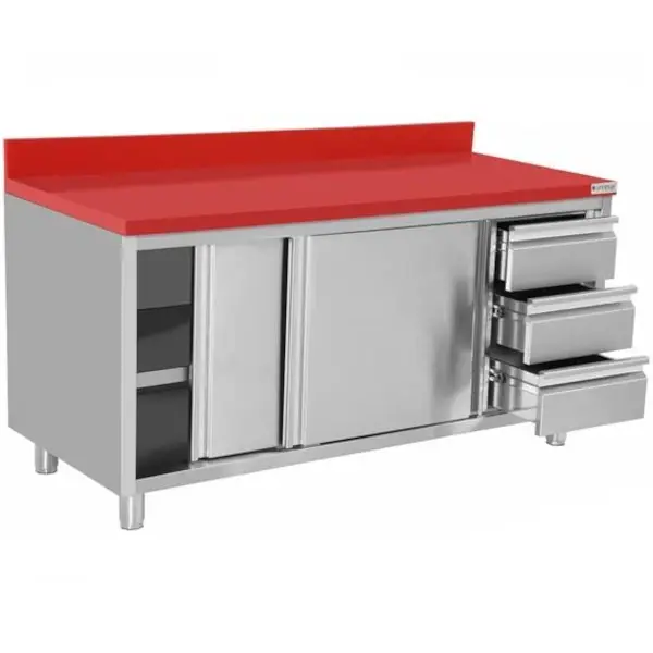 Snijwerktafel | RVS/Polyethyleen | Schuifdeuren + Laden (Rechts) | Diepte 700 | Hoogte 850/900 | Breedte 1200-2000 | Achteropstand