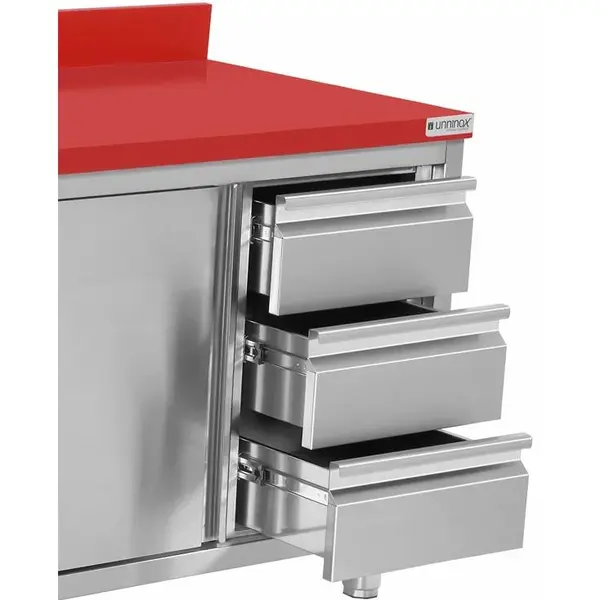 Snijwerktafel | RVS/Polyethyleen | Schuifdeuren + Laden (Rechts) | Diepte 700 | Hoogte 850/900 | Breedte 1200-2000 | Achteropstand