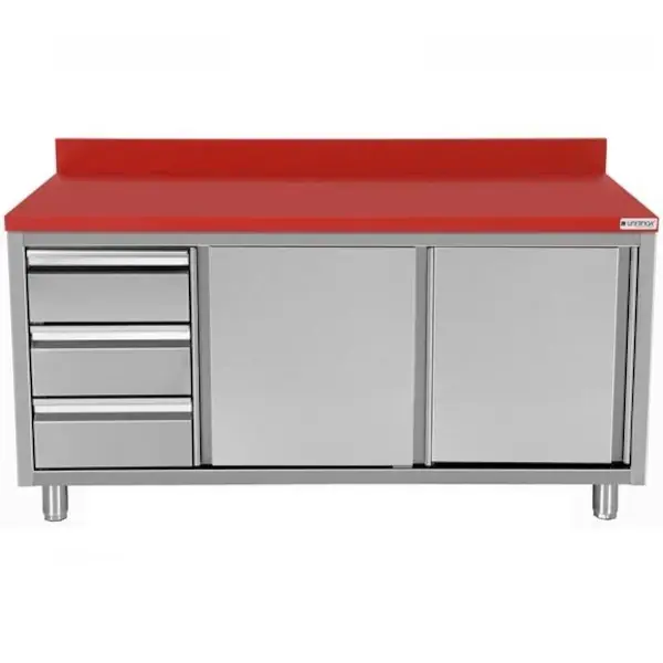 Snijwerktafel | RVS/Polyethyleen | Schuifdeuren + Laden (Links) | Diepte 700 | Hoogte 850/900 | Breedte 1200-2000 | Achteropstand