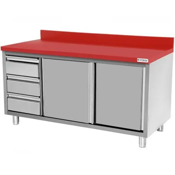 Snijwerktafel | RVS/Polyethyleen | Schuifdeuren + Laden (Links) | Diepte 700 | Hoogte 850/900 | Breedte 1200-2000 | Achteropstand