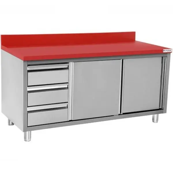 Snijwerktafel | RVS/Polyethyleen | Schuifdeuren + Laden (Links) | Diepte 700 | Hoogte 850/900 | Breedte 1200-2000 | Achteropstand