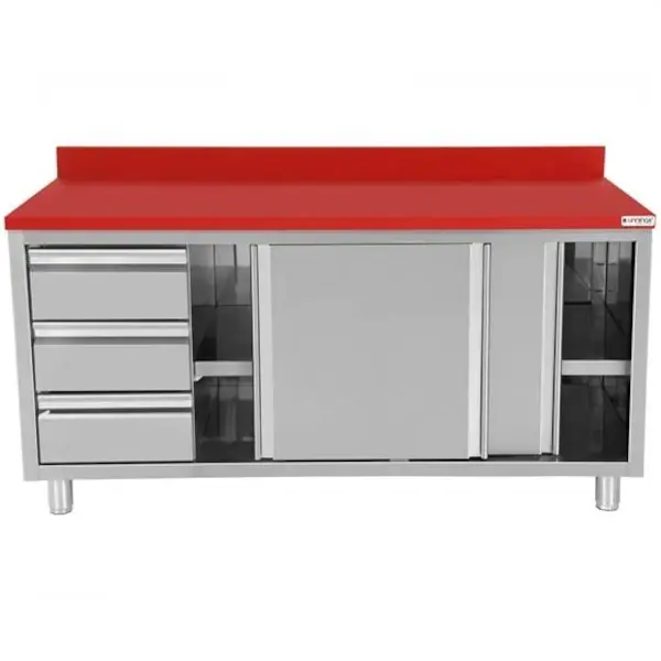 Snijwerktafel | RVS/Polyethyleen | Schuifdeuren + Laden (Links) | Diepte 700 | Hoogte 850/900 | Breedte 1200-2000 | Achteropstand