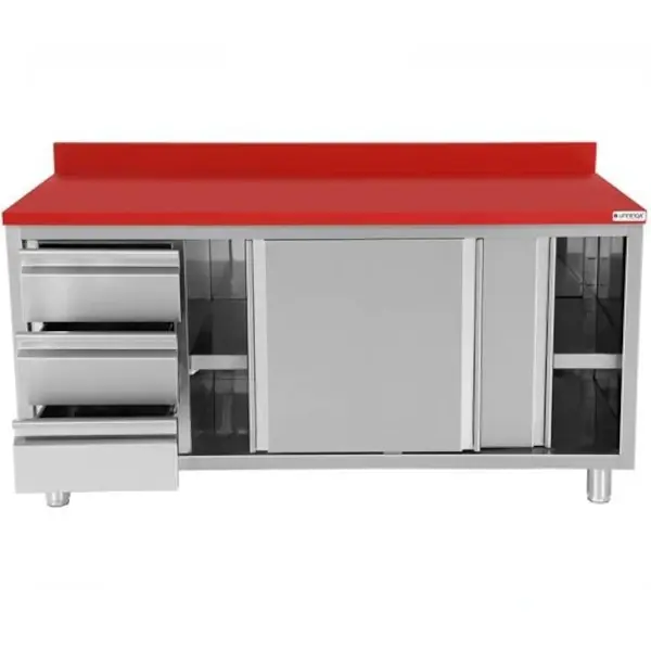 Snijwerktafel | RVS/Polyethyleen | Schuifdeuren + Laden (Links) | Diepte 700 | Hoogte 850/900 | Breedte 1200-2000 | Achteropstand