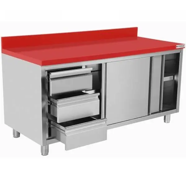 Snijwerktafel | RVS/Polyethyleen | Schuifdeuren + Laden (Links) | Diepte 700 | Hoogte 850/900 | Breedte 1200-2000 | Achteropstand