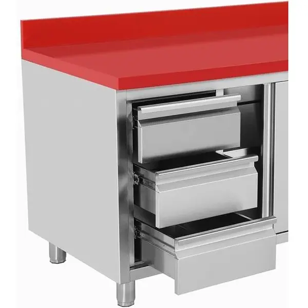 Snijwerktafel | RVS/Polyethyleen | Schuifdeuren + Laden (Links) | Diepte 700 | Hoogte 850/900 | Breedte 1200-2000 | Achteropstand