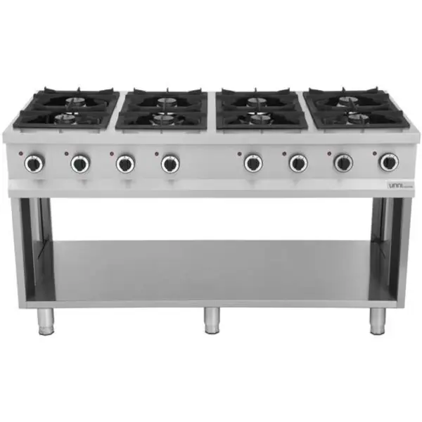 Fornuis | Gas | 8 Branders (8x 6.5kW) | Waakvlam | Open Onderkast | 1460x700x850(h)mm