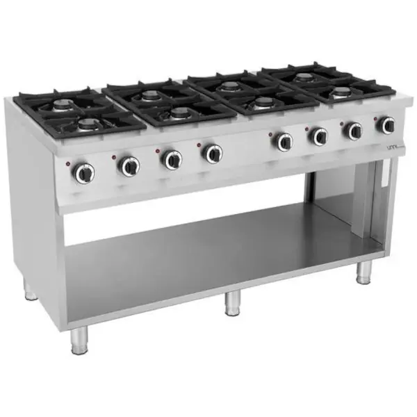 Gasfornuis | 8 Branders (8x 6.5kW) | Open Onderkast | 1460x700x850(h)mm