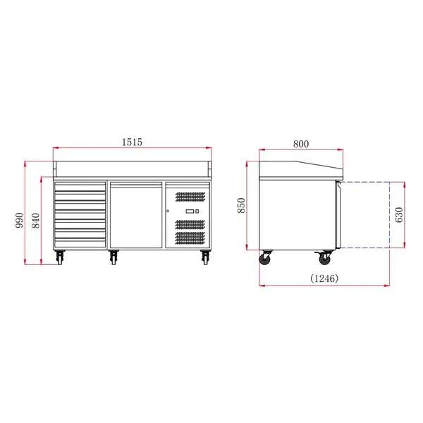 Pizzawerkbank | 390L | 1 Deur + 7 Deegladen (EN600x400) | +2°C/+8°C | Geforceerd | Wielen (Geremd) | 1515x800x840/990(h)mm