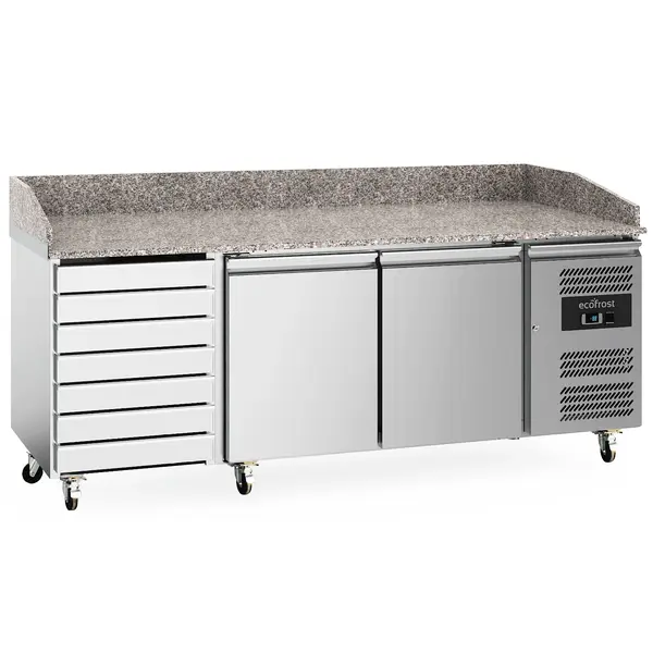 Pizzawerkbank | 580L | 2 Deuren + 7 Deegladen (EN600x400) | +2°C/+8°C | Geforceerd | Wielen (Geremd) | 2020x800x840/990(h)mm