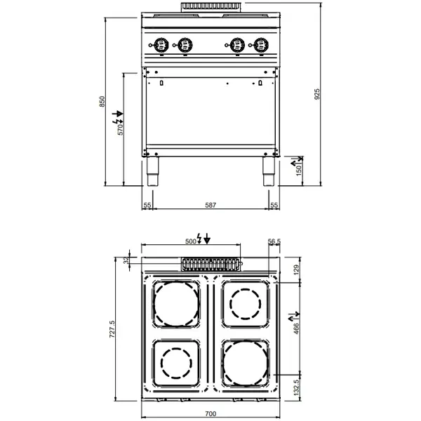 Fornuis | MAGISTRA PLUS 700 | Elektrisch | 4 Kookpunten (220x220) | 10.4kW (400V) | Open Onderkast | 700x714x850(h)mm