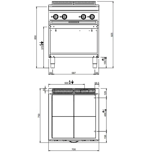 Fornuis | MAGISTRA PLUS 700 | Elektrisch | 4 Kookpunten (300x300) | 10kW (400V) | Open Onderkast | 700x714x850(h)mm