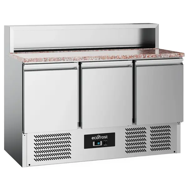 Pizzawerkbank | 402L | 3 Deuren (1/1 GN) | Boven 8x 1/6 GN | +2°C/+8°C | Statisch + Ventilator | 1368x700x861/1086(h)mm