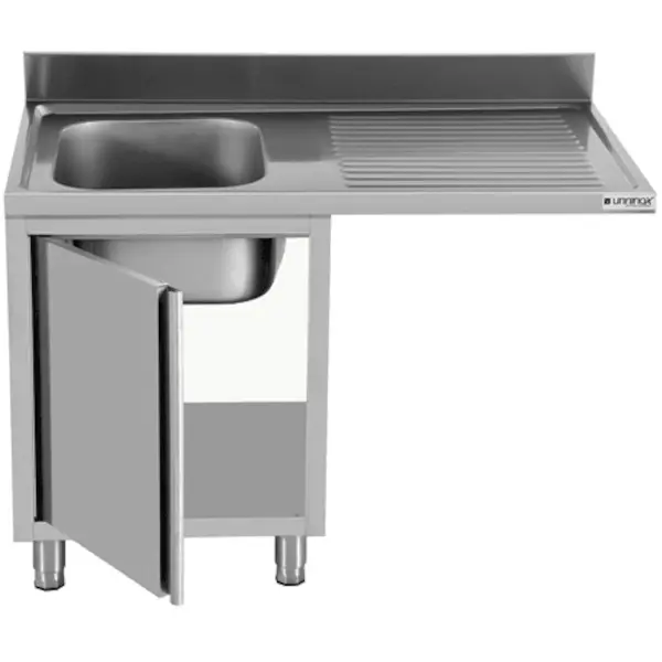 Spoeltafel | RVS | 1 Spoelbak (Links) + Afdruipvlak | Draaideur + Voorlader | Achteropstand | 1200x700x850(h)mm