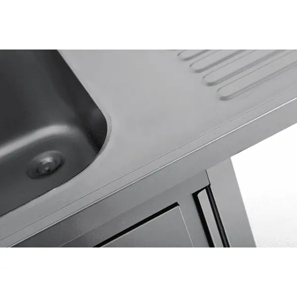 Spoeltafel | RVS | 1 Spoelbak (Links) + Afdruipvlak | Draaideur + Voorlader | Achteropstand | 1200x700x850(h)mm