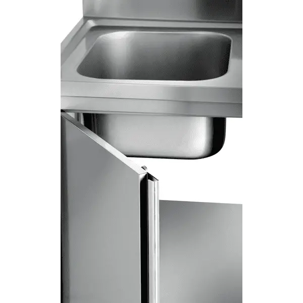 Spoeltafel | RVS | 1 Spoelbak (Links) + Afdruipvlak | Draaideur + Voorlader | Achteropstand | 1400x700x850(h)mm