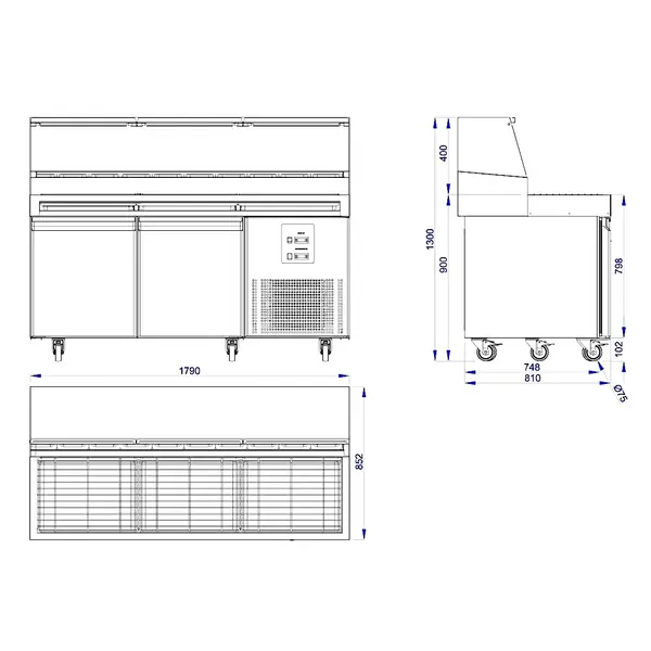 Pizzawerkbank | PRO LINE | 460L | 2 Deuren (EN600x400) | Boven 9x 1/3 GN | -2°C/+8°C | Geforceerd | Wielen (Geremd) | 1790x850x900/1300(h)mm