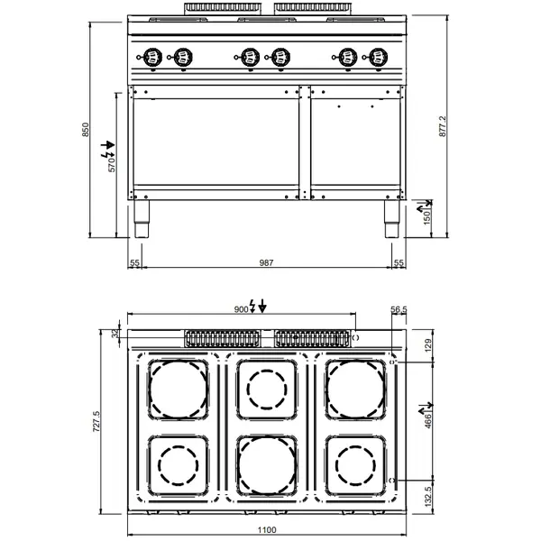 Fornuis | MAGISTRA PLUS 700 | Elektrisch | 6 Kookpunten (220x220) | 15.6kW (400V) | Open Onderkast | 1100x714x850(h)mm