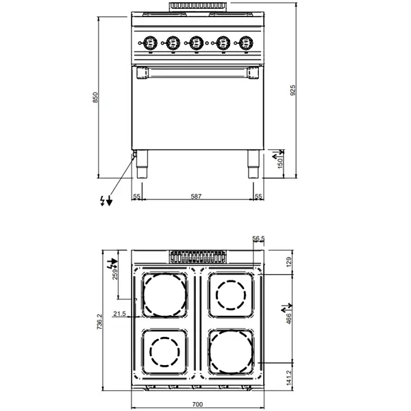 Fornuis + Oven | MAGISTRA PLUS 700 | Elektrisch | 4 Kookpunten (Ø145/200) + 2/1 GN Oven | 13.5kW (400V) | 700x714x850(h)mm