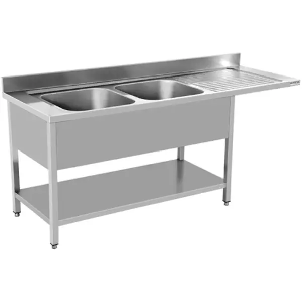 RVS spoeltafel met achteropstand en bodemschap zelfmontage | 2 kuipen links met ruimte voor vaatwasser | 1800x700x850(h)mm