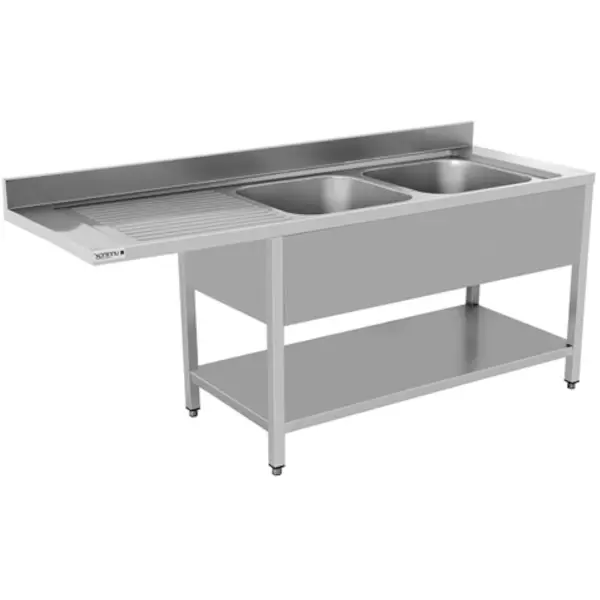 Spoeltafel | RVS | 2 Spoelbakken (Rechts) + Afdruipvlak | Bodemschap + Voorlader | Achteropstand | Gelaste Constructie | 1600x700x850(h)mm