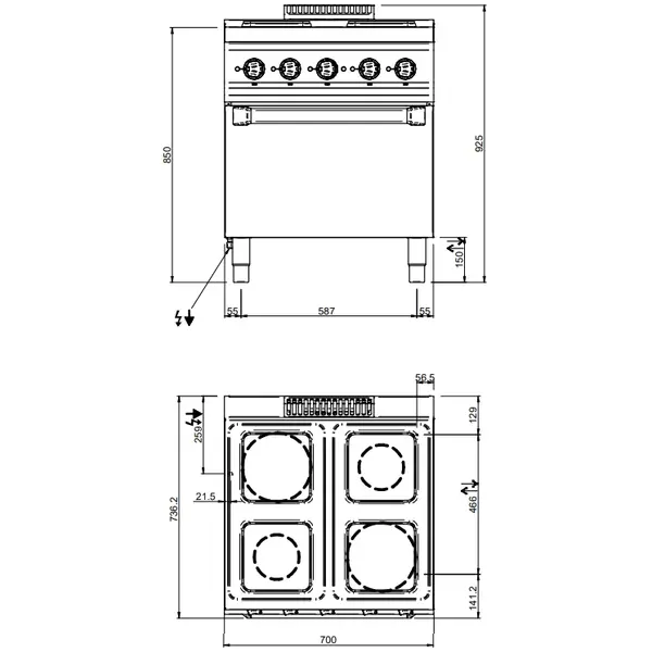 Fornuis + Oven | MAGISTRA PLUS 700 | Elektrisch | 4 Kookpunten (220x220) + 2/1 GN Oven | 15.7kW (400V) | 700x714x850(h)mm