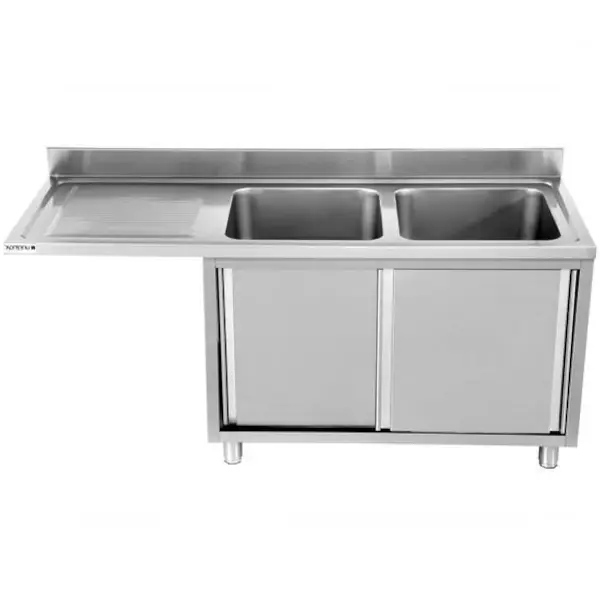 Spoeltafel | RVS | 2 Spoelbakken (Rechts) + Afdruipvlak | Schuifdeuren + Voorlader | Achteropstand | 2000x700x850(h)mm