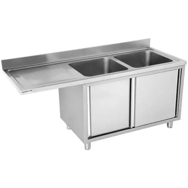 RVS spoeltafel met opstaande rand & schuifdeuren | 2 kuipen recht met ruimte voor vaatwasser | 1800x700x850(h)mm