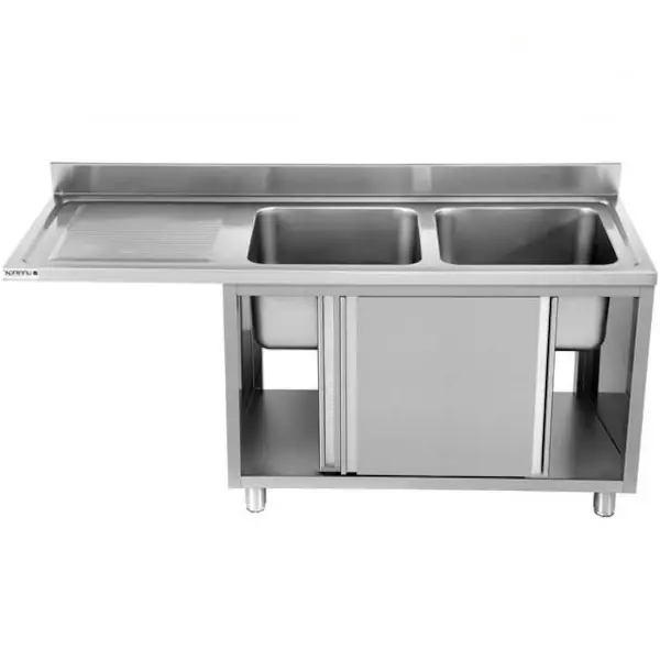 RVS spoeltafel met opstaande rand & schuifdeuren | 2 kuipen recht met ruimte voor vaatwasser | 1800x700x850(h)mm