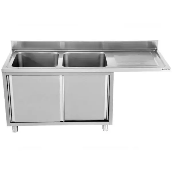 RVS spoeltafel met opstaande rand & schuifdeuren | 2 kuipen links met ruimte voor vaatwasser | 2000x700x850(h)mm