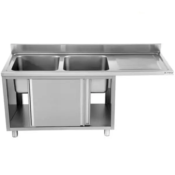 Spoeltafel | RVS | 2 Spoelbakken (Links) + Afdruipvlak | Schuifdeuren + Voorlader | Achteropstand | 2000x700x850(h)mm