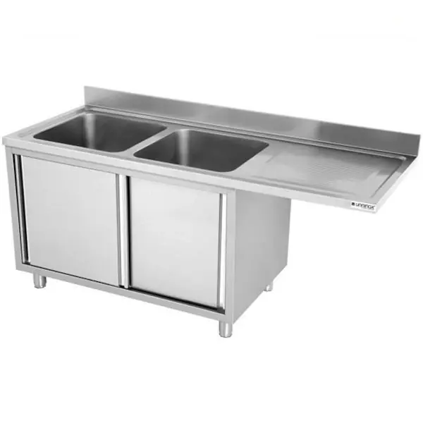 RVS spoeltafel met opstaande rand & schuifdeuren | 2 kuipen links met ruimte voor vaatwasser | 2000x700x850(h)mm
