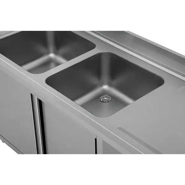 RVS spoeltafel met opstaande rand & schuifdeuren | 2 kuipen links met ruimte voor vaatwasser | 2000x700x850(h)mm