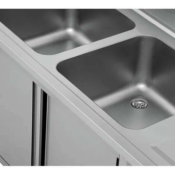 Spoeltafel | RVS | 2 Spoelbakken (Links) + Afdruipvlak | Schuifdeuren + Voorlader | Achteropstand | 1800x700x850(h)mm