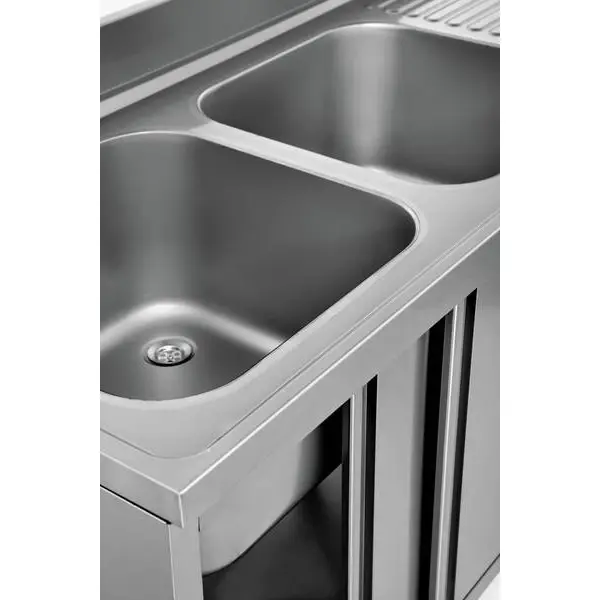 Spoeltafel | RVS | 2 Spoelbakken (Links) + Afdruipvlak | Schuifdeuren + Voorlader | Achteropstand | 1800x700x850(h)mm