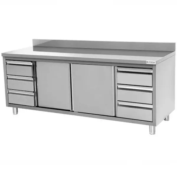 RVS werkbank met opstaande rand  2 schuifdeuren & 3+3 lades 1/1 GN | 2400x700x850(h)mm
