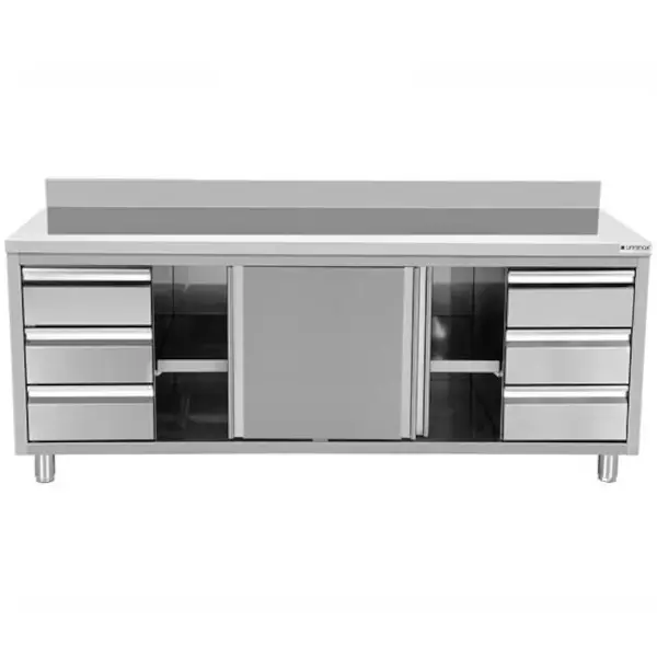RVS werkbank met opstaande rand  2 schuifdeuren & 3+3 lades 1/1 GN | 2400x700x850(h)mm