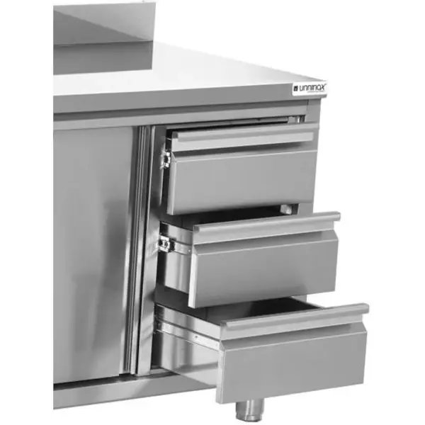 RVS werkbank met opstaande rand  2 schuifdeuren & 3+3 lades 1/1 GN | 2400x700x850(h)mm