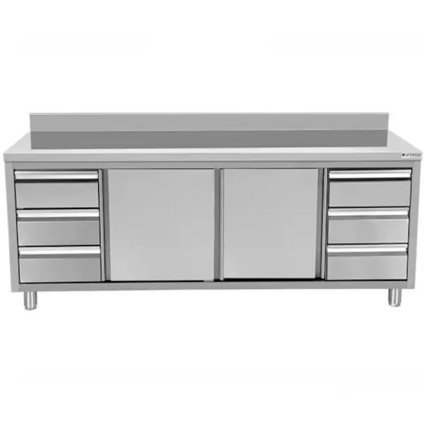 RVS werkbank met opstaande rand 2 schuifdeuren & 3+3 lades 1/1 GN | 2000x700x850(h)mm