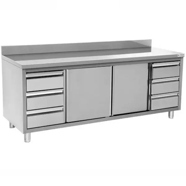 RVS werkbank met opstaande rand 2 schuifdeuren & 3+3 lades 1/1 GN | 2000x700x850(h)mm