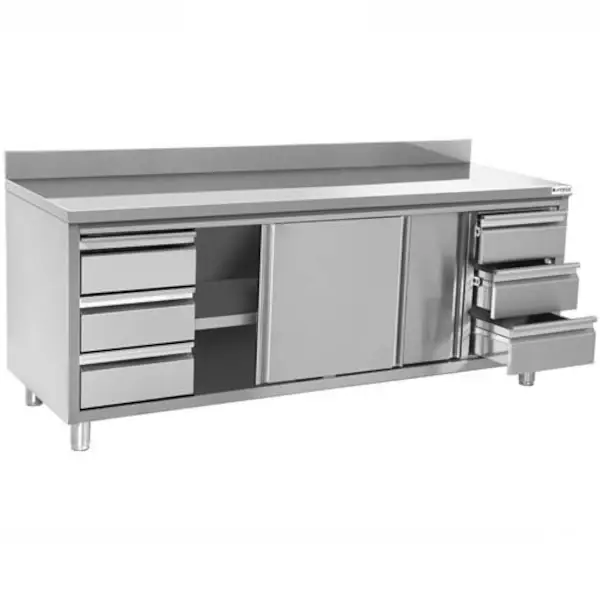RVS werkbank met opstaande rand 2 schuifdeuren & 3+3 lades 1/1 GN | 2000x700x850(h)mm