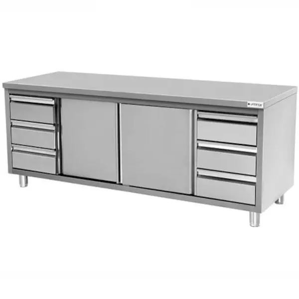 RVS werkbank met 2 schuifdeuren & 3+3 lades 1/1 GN | 2400x700x850(h)mm