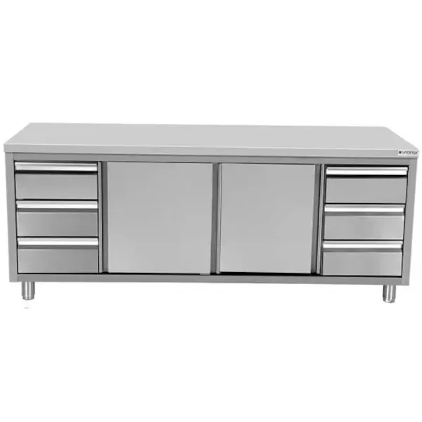 RVS werkbank met 2 schuifdeuren & 3+3 lades 1/1 GN | 2000x700x850(h)mm
