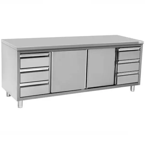 RVS werkbank met 2 schuifdeuren & 3+3 lades 1/1 GN | 2000x700x850(h)mm