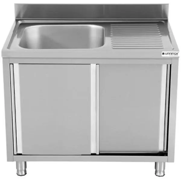 RVS spoeltafel met achteropstand |  1 spoelbak links - druipvlak rechts | 2 schuifdeuren | 1000x700x850(h)mm