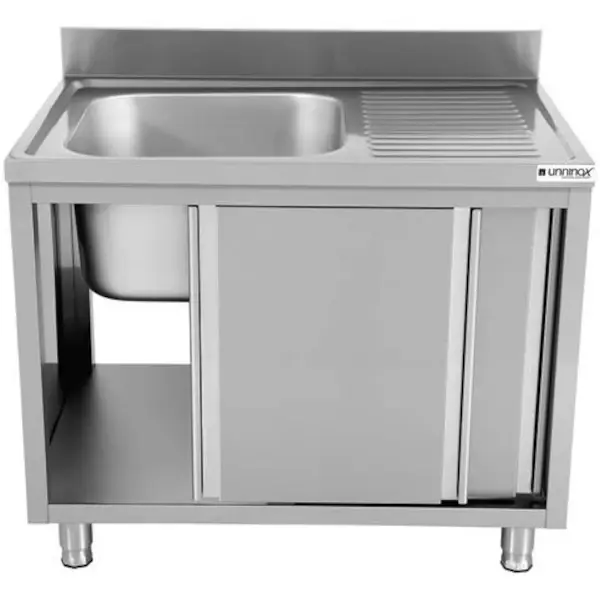 RVS spoeltafel met achteropstand |  1 spoelbak links - druipvlak rechts | 2 schuifdeuren | 1000x700x850(h)mm