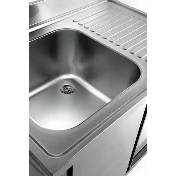 RVS spoeltafel met achteropstand |  1 spoelbak links - druipvlak rechts | 2 schuifdeuren | 1000x700x850(h)mm