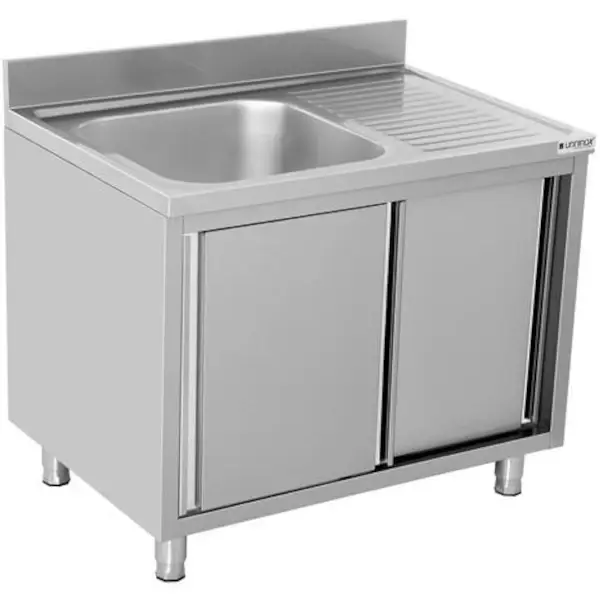 RVS spoeltafel met achteropstand |  1 spoelbak links - druipvlak rechts | 2 schuifdeuren | 1200x700x850(h)mm