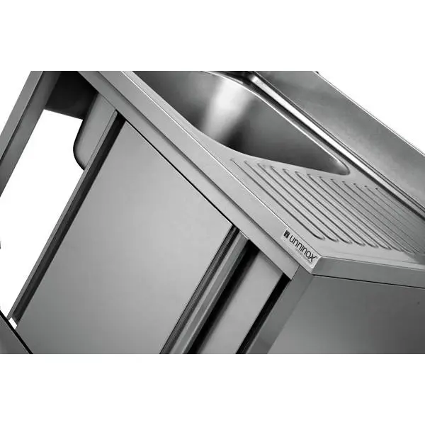 RVS spoeltafel met achteropstand |  1 spoelbak links - druipvlak rechts | 2 schuifdeuren | 1200x700x850(h)mm