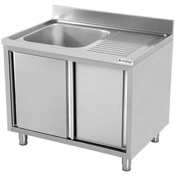 RVS spoeltafel met achteropstand |  1 spoelbak links - druipvlak rechts | 2 schuifdeuren | 1400x700x850(h)mm