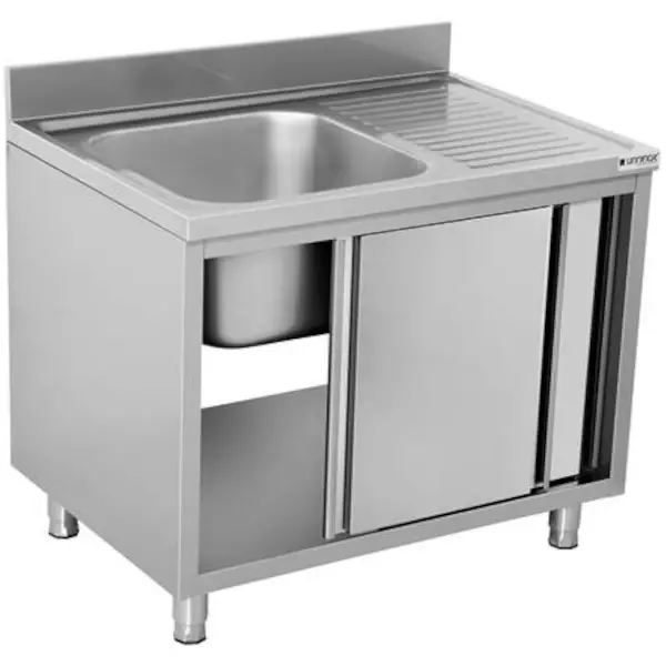 RVS spoeltafel met achteropstand |  1 spoelbak links - druipvlak rechts | 2 schuifdeuren | 1400x700x850(h)mm